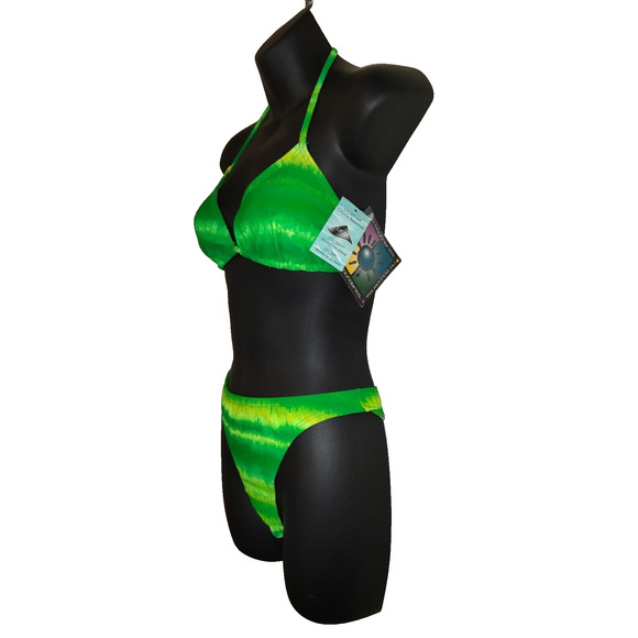 VTG Y2K No Boundaries String Bikini Womens Jrs M Neon Tie Dyed Green Yellow NWT - Picture 5 of 12